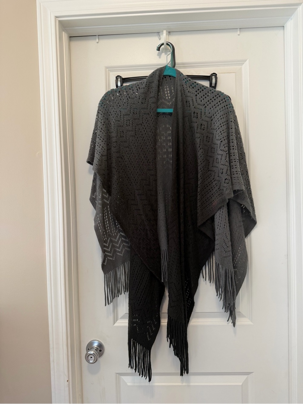Cozy Gray Open-Knit Fringe Poncho Shrug